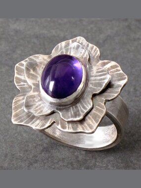 Sterling Silver 925 and Amethyst Flower Petal Ring, Size 6, One-of-a-kind